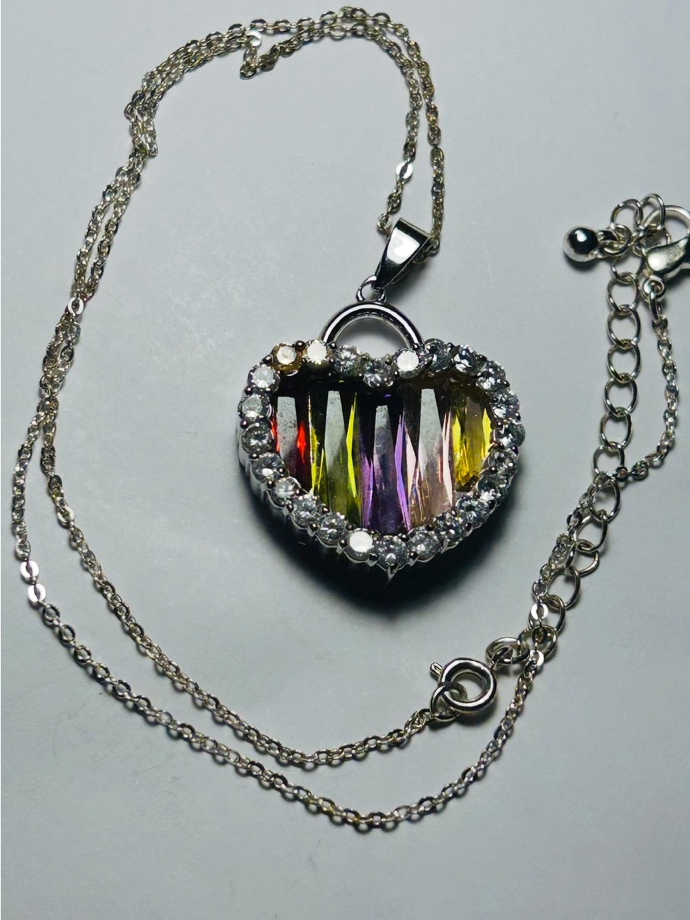 Heart Pendant Necklace with Multicolor Crystal and Silver Chain